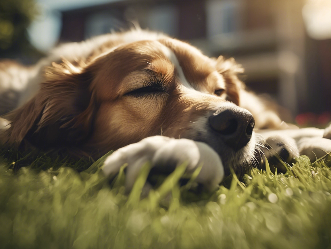 A spaniel sleeps on a lush green grass lawn.
