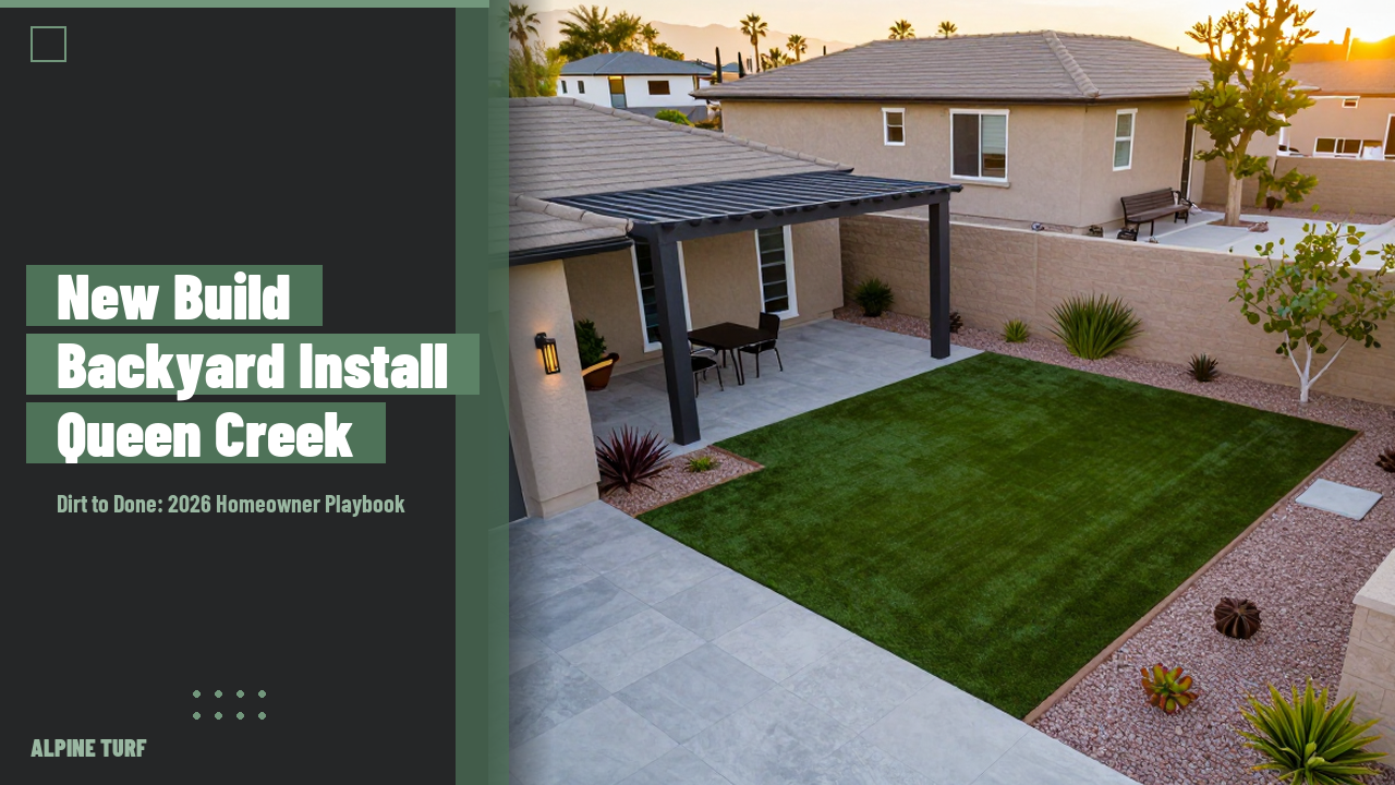 Newly finished new construction backyard install in Queen Creek Arizona with paver patio, turf and modern pergola