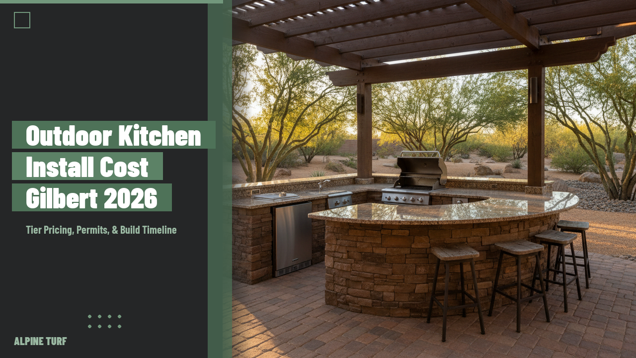 Gilbert Arizona outdoor kitchen installation with paver patio, pool, and pergola in a premium backyard