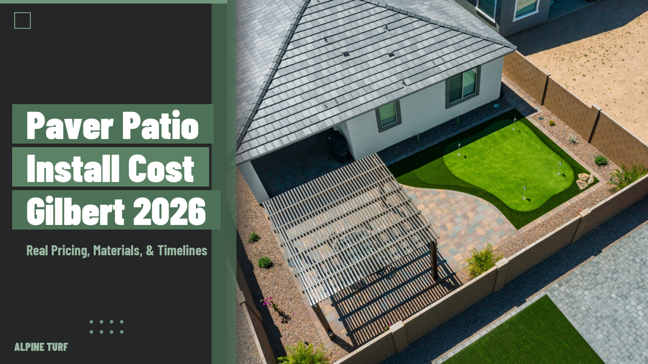 Gilbert Arizona backyard paver patio installation with pergola shade structure and turf lawn