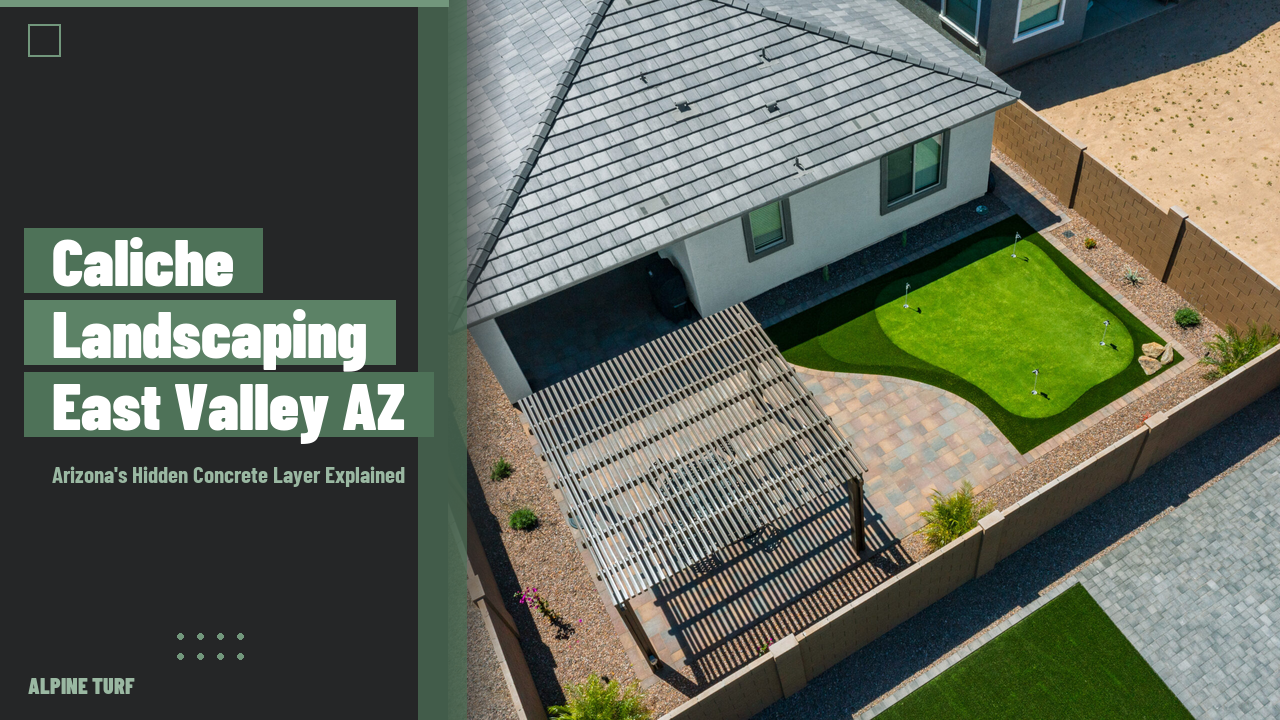 Finished East Valley Arizona backyard with paver patio, pergola, putting green and desert landscape built over caliche soil