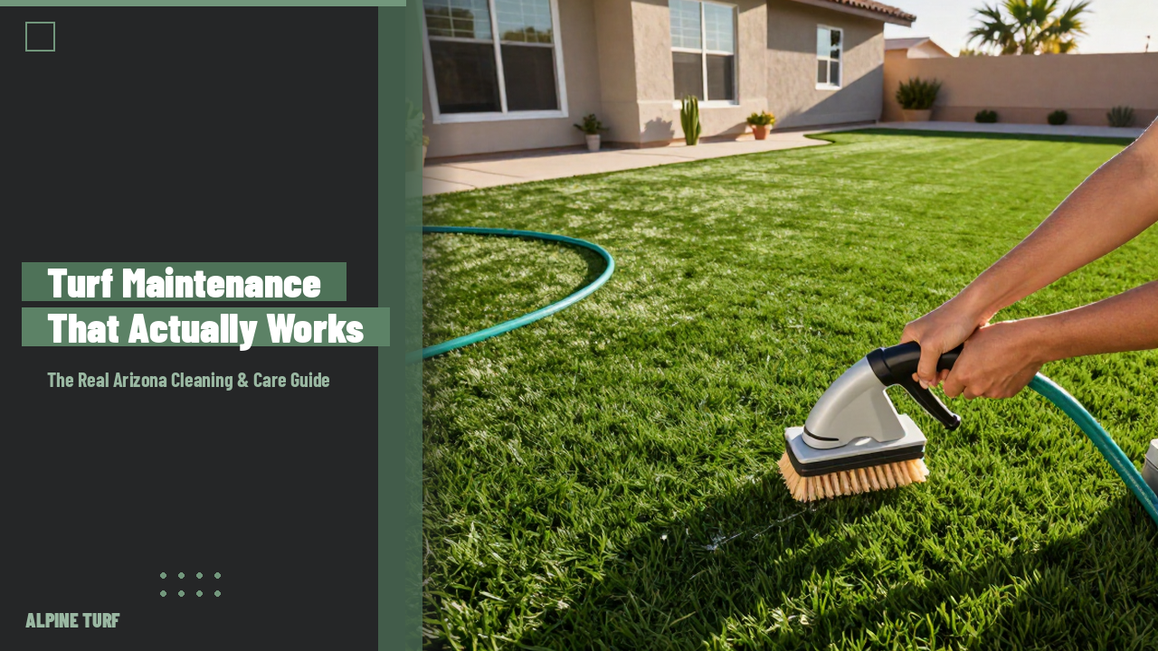Homeowner rinsing and brushing artificial turf lawn in an Arizona backyard