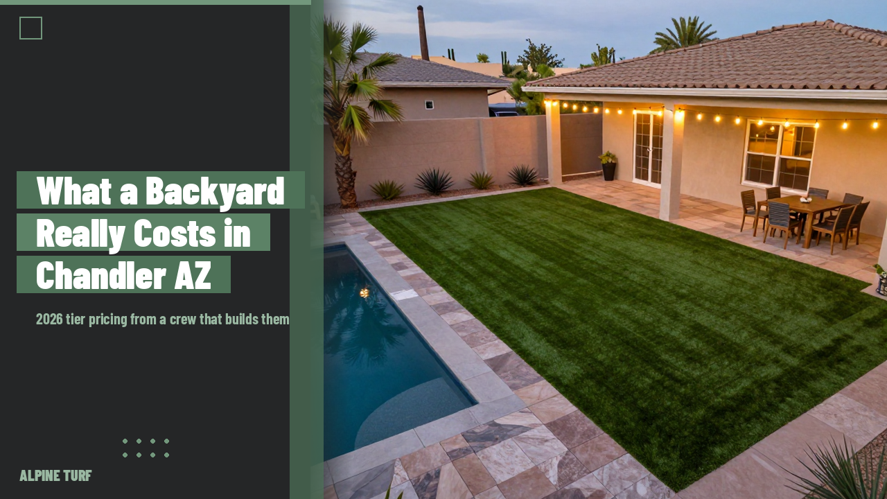 Remodeled backyard in Chandler Arizona with artificial turf, travertine pavers and string lights at dusk