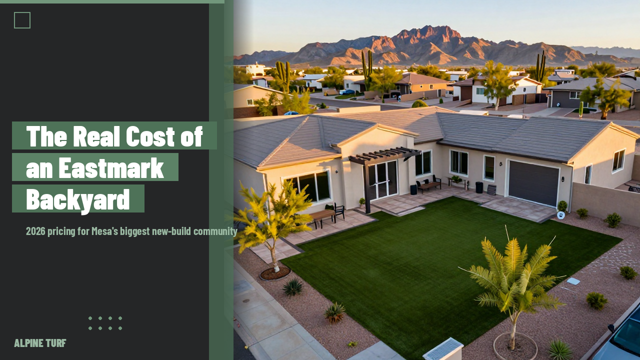 New construction backyard in Eastmark Mesa Arizona with artificial turf, paver patio and pergola at golden hour