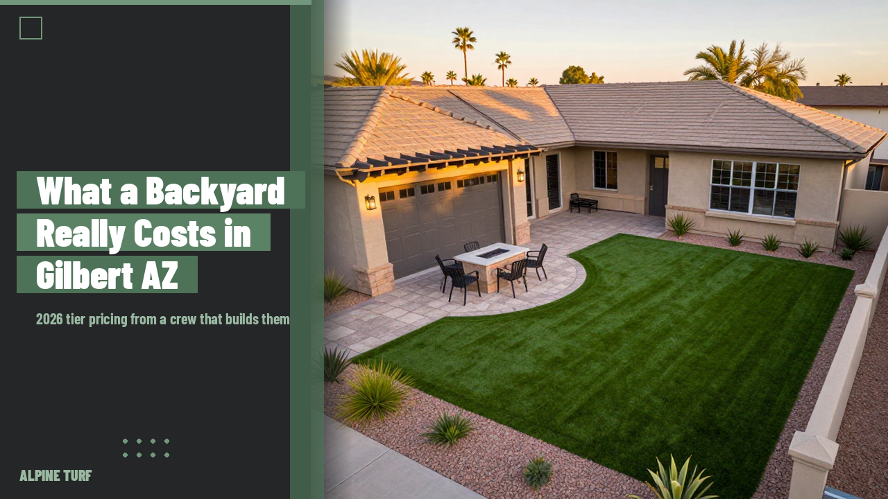 Finished backyard remodel in Gilbert Arizona with artificial turf, travertine paver patio, fire pit and pergola at golden hour