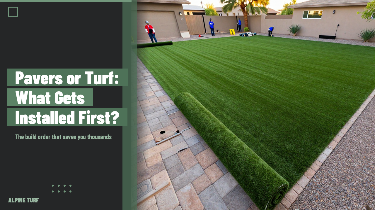 Crew installing artificial turf against a finished paver patio edge in an Arizona backyard with crushed granite base visible