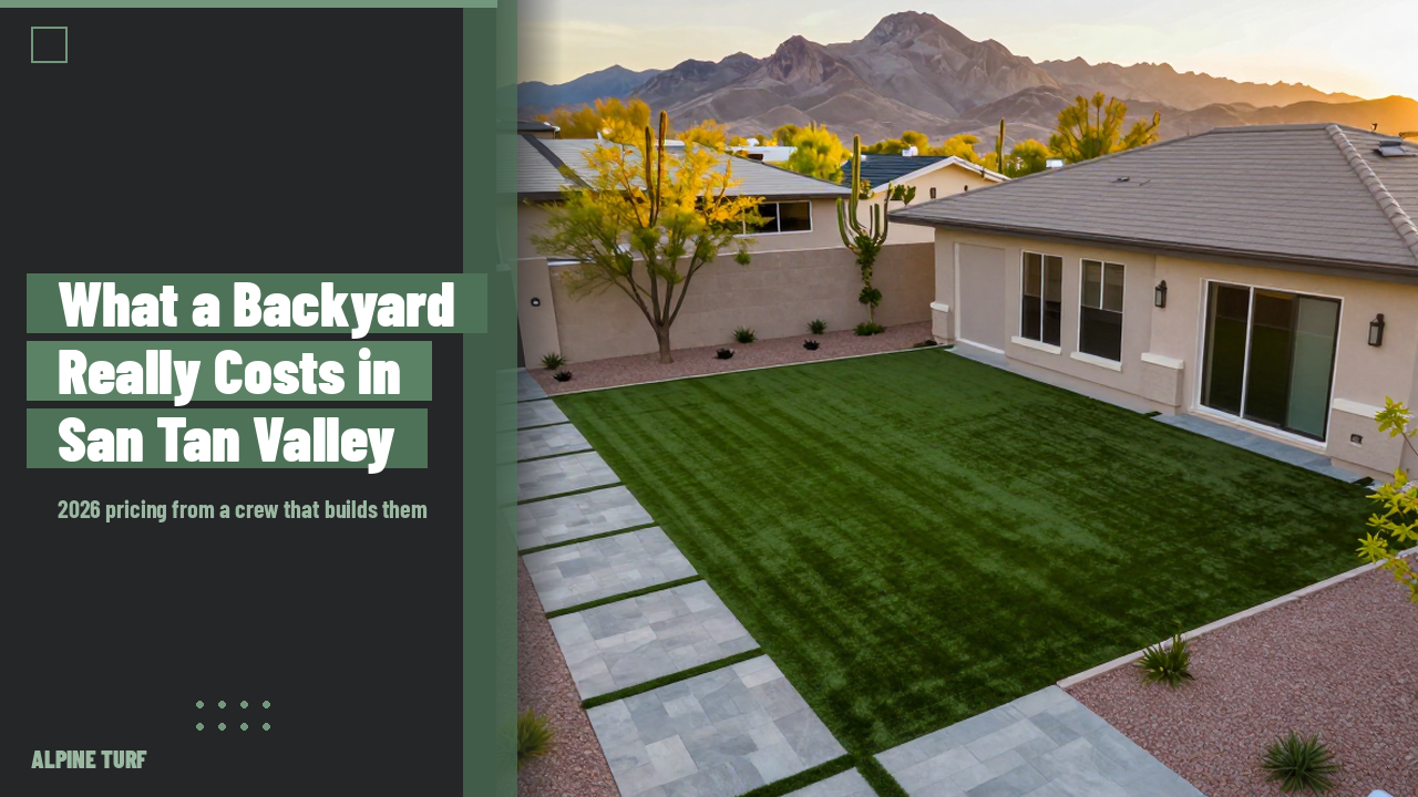 Finished new construction backyard in San Tan Valley Arizona with artificial turf, paver patio and desert mountain views