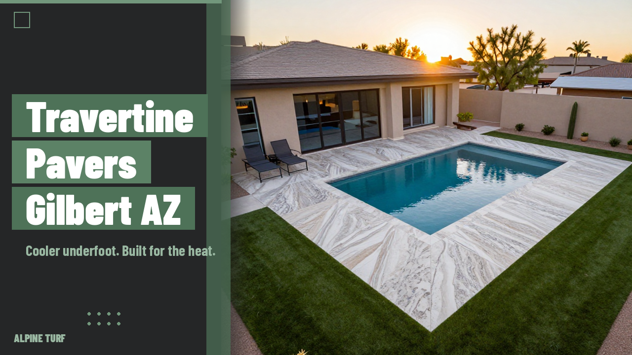 Travertine paver pool deck and patio installed in a Gilbert, AZ backyard with an artificial turf border