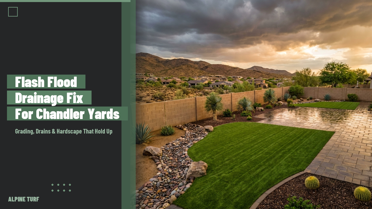 Chandler AZ backyard with paver patio and turf lawn draining toward a rock swale after a monsoon storm