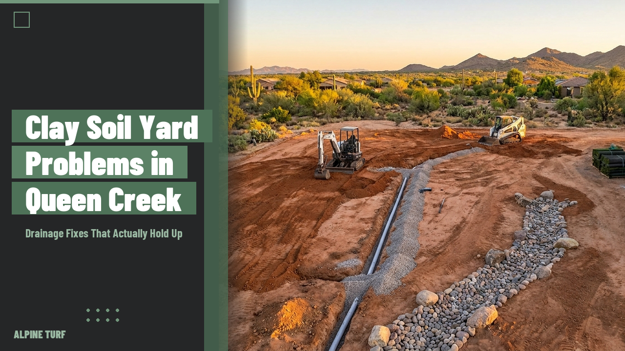 Excavator digging a French drain trench through heavy clay soil during a Queen Creek AZ backyard regrade