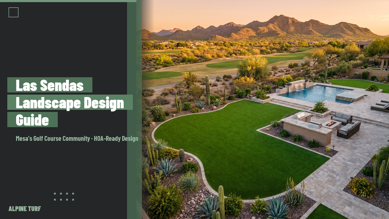 Las Sendas Mesa AZ backyard landscape design with artificial turf, paver patio, and golf course mountain views