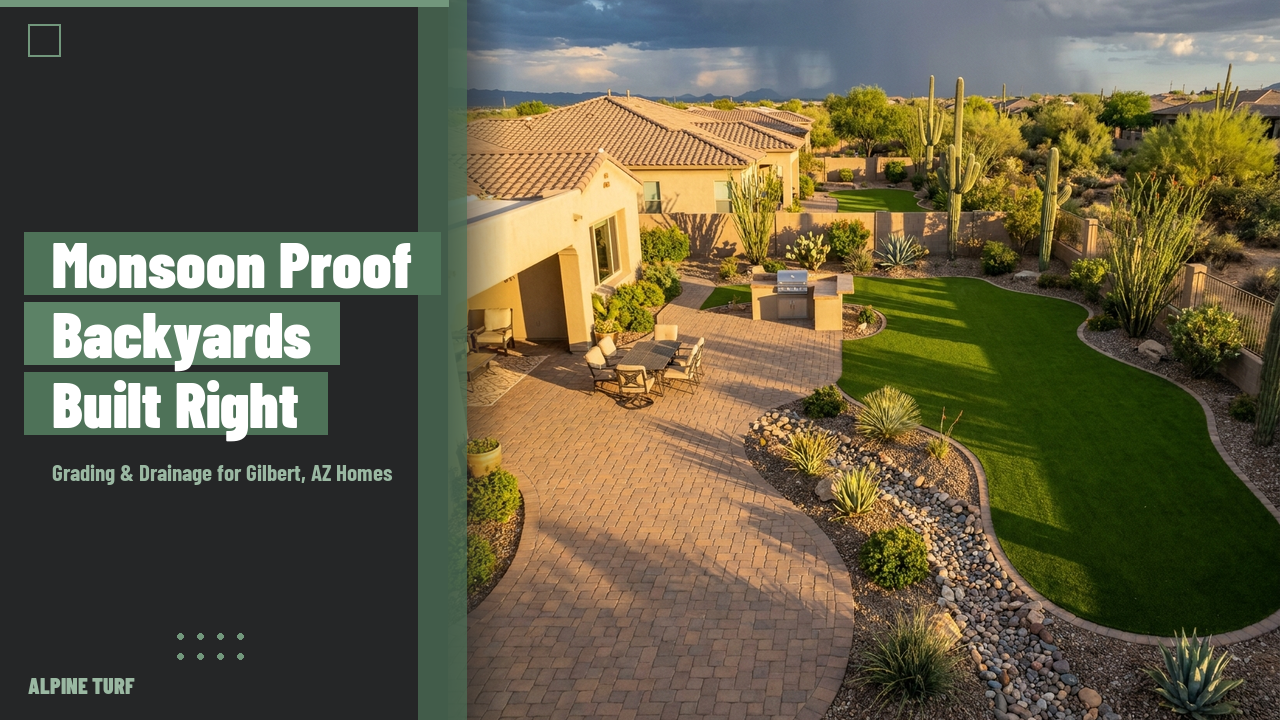 Monsoon storm rolling over a Gilbert AZ backyard with paver patio and dry creek bed drainage