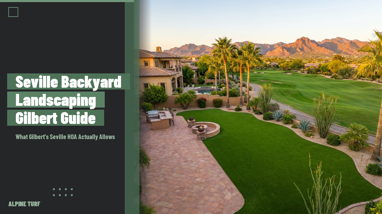 Seville Gilbert AZ backyard with paver patio, artificial turf, and golf course view landscaping
